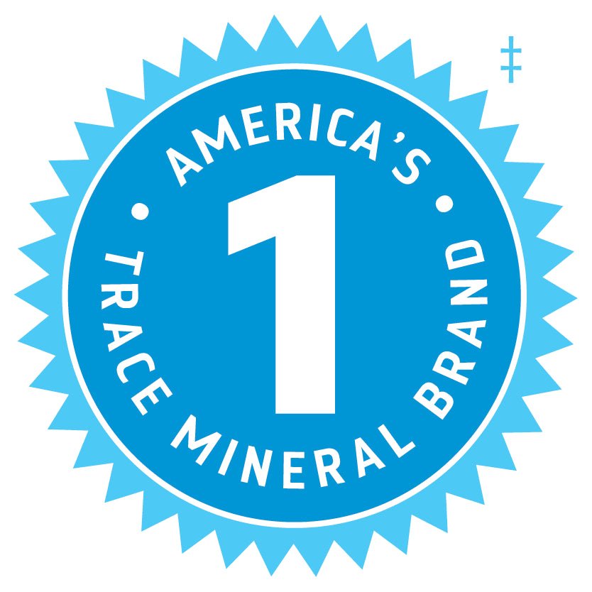 Blue circular badge with white text stating America’s number one trace mineral brand promotion.