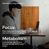 Person working on laptop with mug and Ketone-IQ - Energy Shot - Green Apple - 59ml x 6 - Best Before 28 Jul 2026 nearby, promoting focus and metabolism benefits.