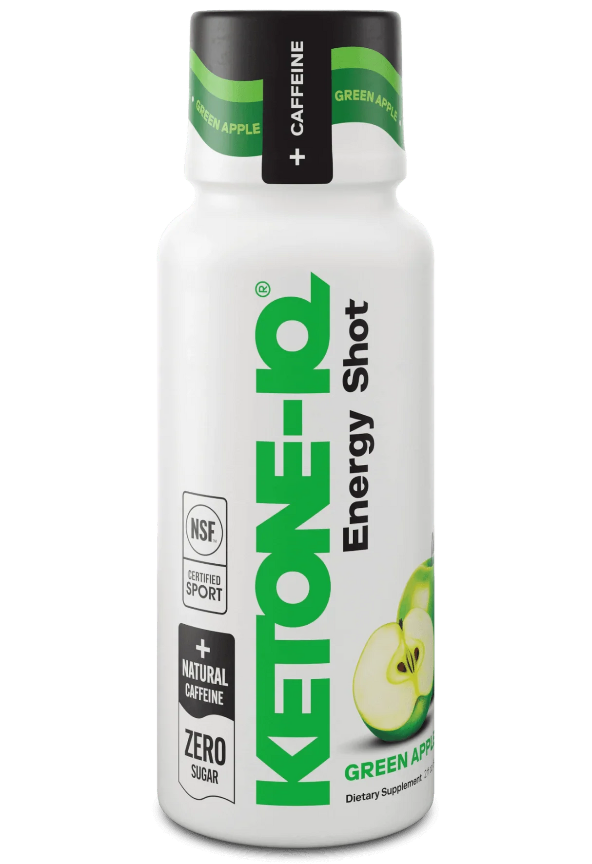Bottle of Ketone-IQ - Energy Shot - Green Apple - 59ml x 6 - Best Before 28 Jul 2026 by HVMN with natural caffeine.