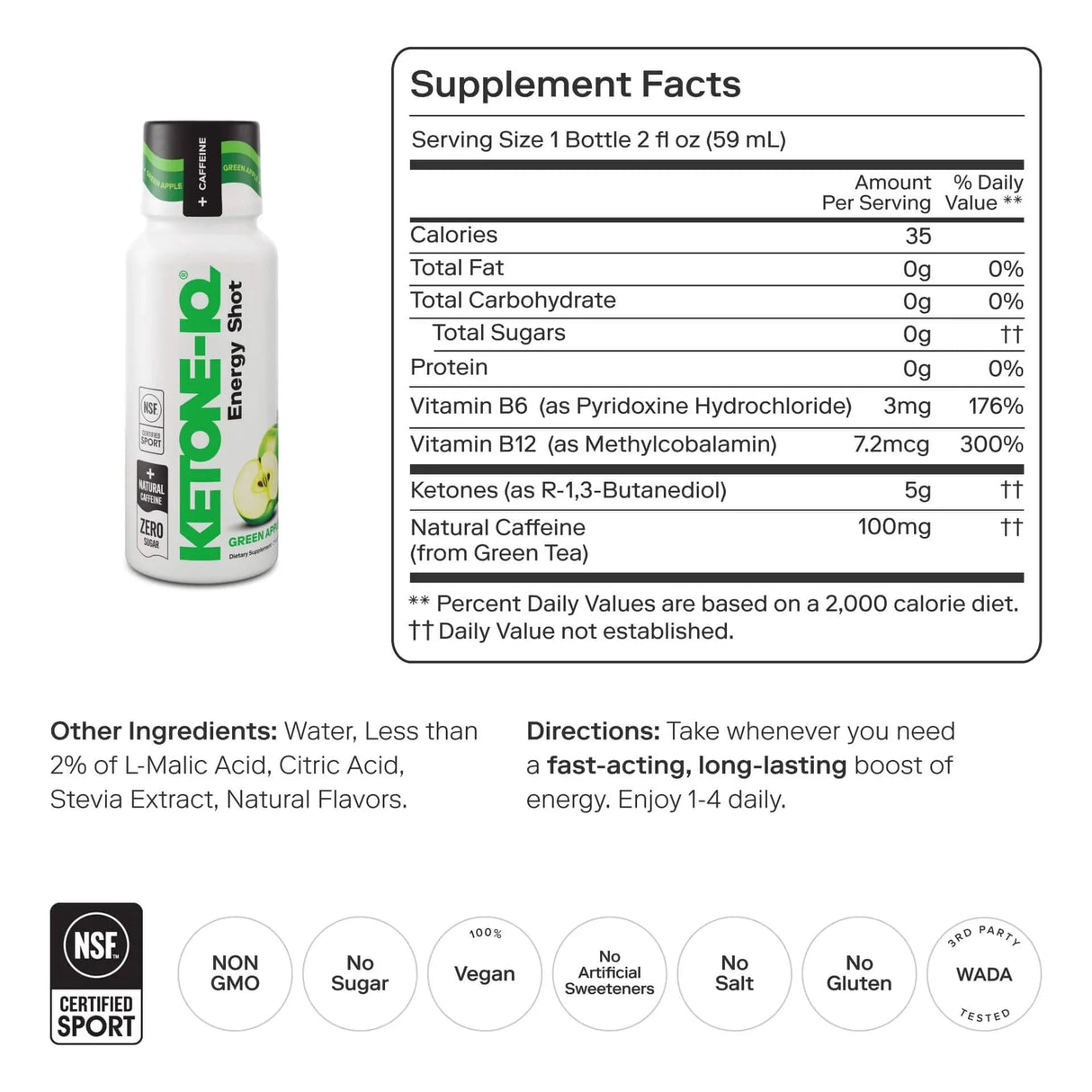 Ketone-IQ - Energy Shot - Green Apple - 59ml x 6 - Best Before 28 Jul 2026 by HVMN with nutrition facts label.