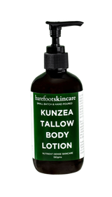 Kunzea Tallow Body Lotion - 190ml by Barefoot Skincare Co in dark bottle with green and white product label and black pump dispenser