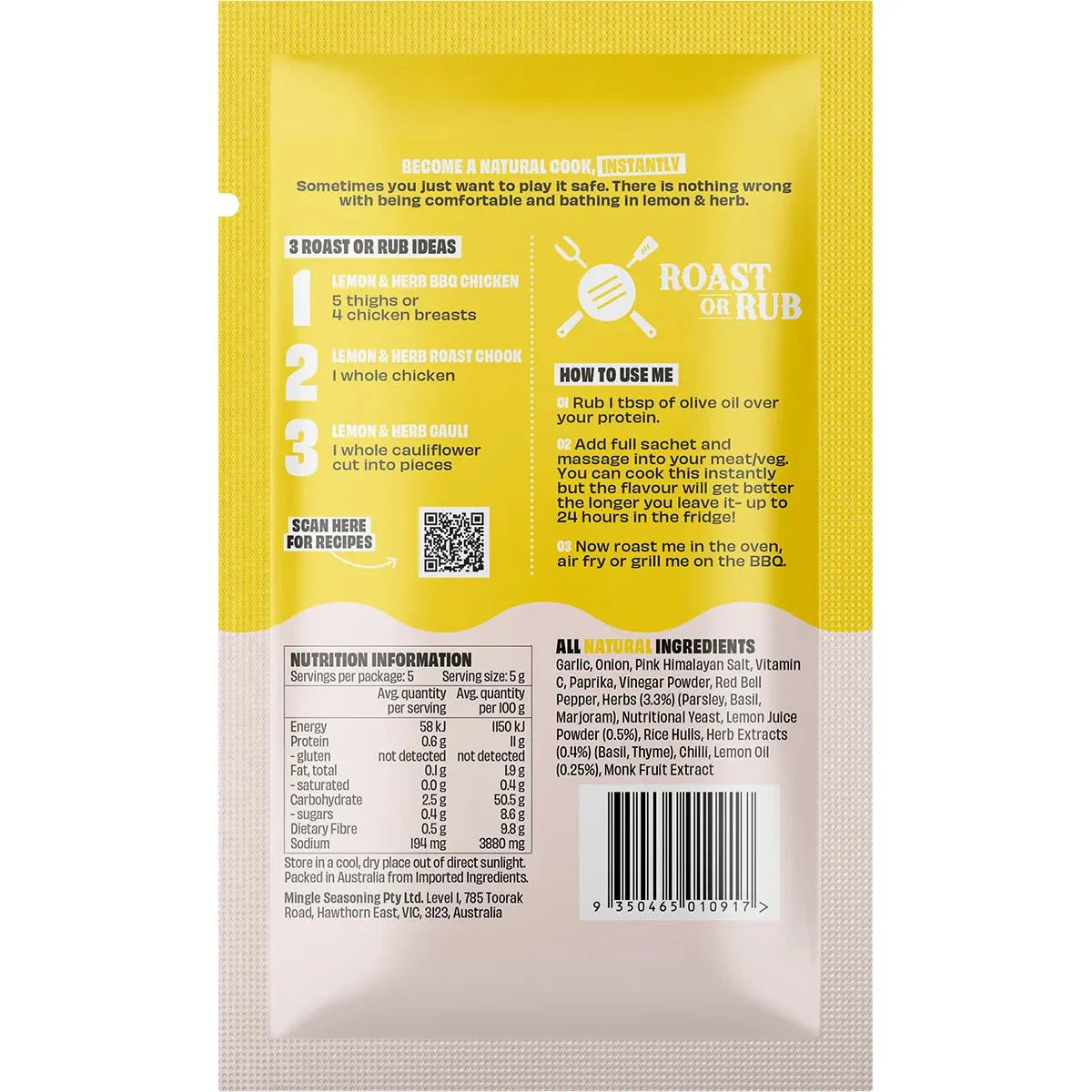 Lemon & Herb BBQ Seasoning - 25g by Mingle in yellow sachet with ingredient and usage information visible on back.