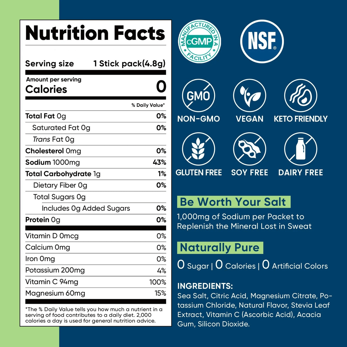 Nutrition facts for Lemon Lime Electrolyte Drink Mix - 30 Sticks by Venture Pal, highlighting vitamins and minerals.