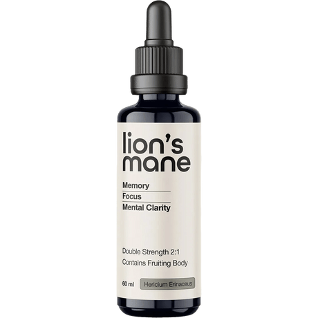 Bottle of Lion's Mane Double Strength 2:1 Mushroom Liquid Extract - 60ml by Switch Nutrition, promoting memory, focus, and mental clarity.