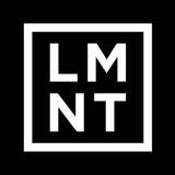 White LMNT logo in bold block letters inside a square border on black background