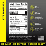 Nutrition facts label for LMNT Lemonade Salt Electrolyte Mix with ingredients and dietary benefits on gray background