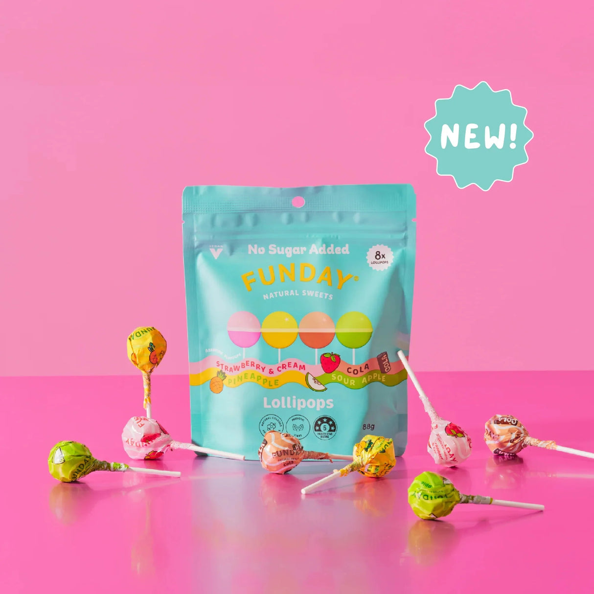 Lollipops - Share Bag - 88g by Funday in colorful resealable pouch with assorted low carb, gluten free lollies on pink background