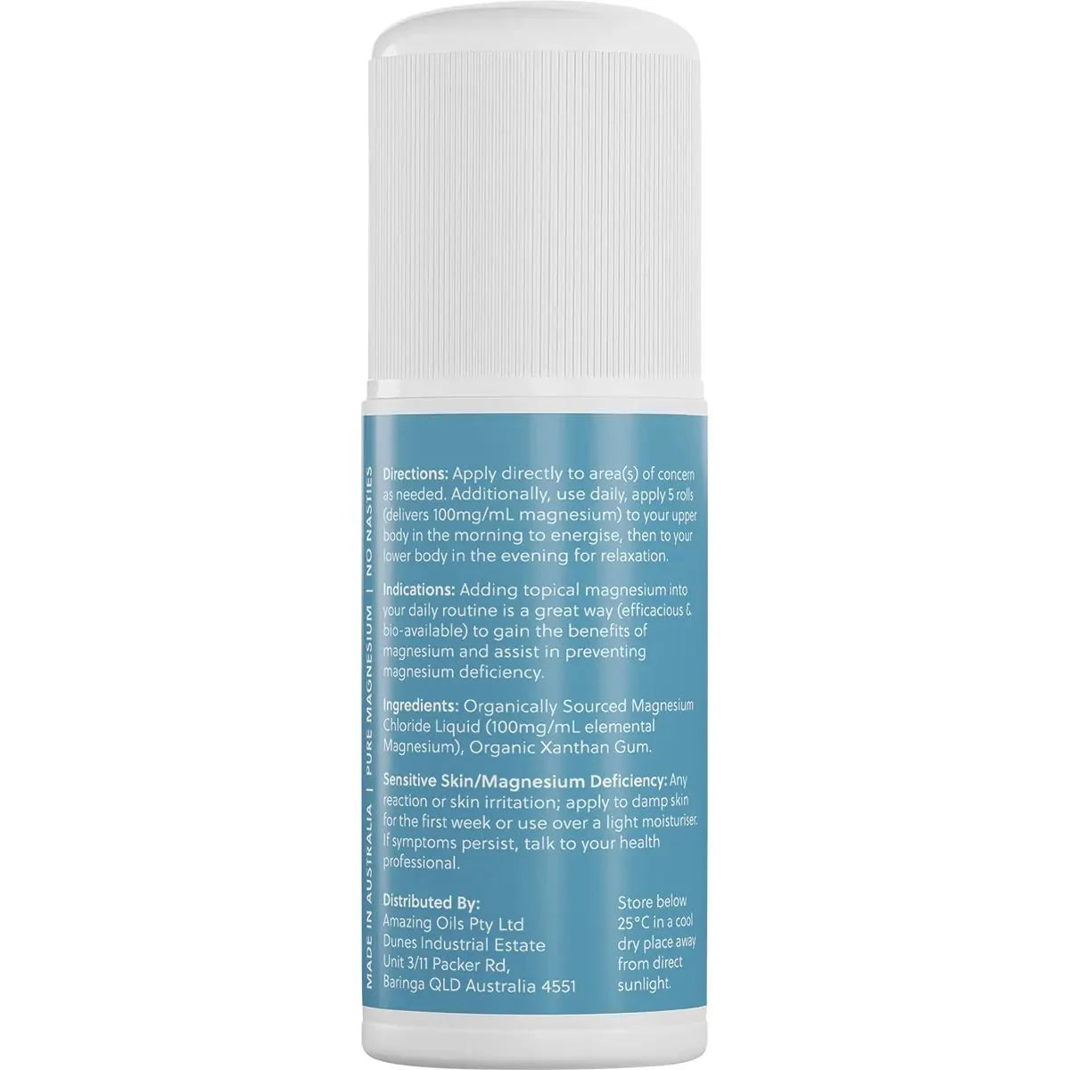 Back label of Magnesium Daily Gel - Pure Magnesium Gel - Roll-On 60ml by Amazing Oils with directions and ingredients text visible