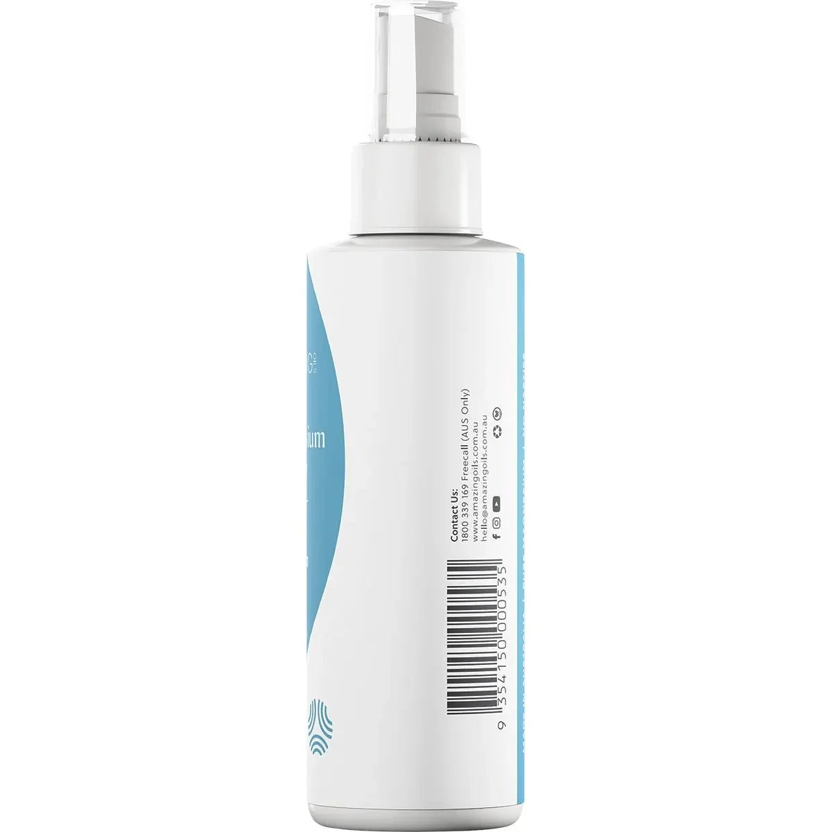 White pump bottle of Magnesium Daily Spray - Pure Magnesium Oil - 200ml by Amazing Oils with partial label and barcode visible