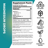 Supplement facts label for Magnesium Drops - 250ml showing minerals content, no sugar, gluten-free, paleo-keto, soy-free, and electrolyte packed.