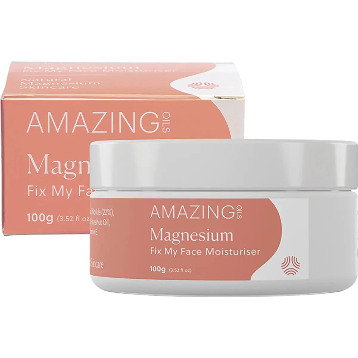 Magnesium Fix My Face Moisturiser - 100g by Amazing Oils in soft peach and white jar with matching box packaging