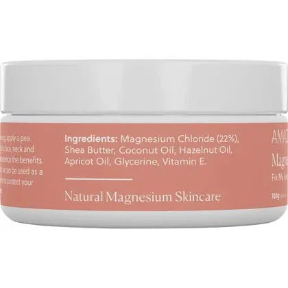 Magnesium Fix My Face Moisturiser - 100g by Amazing Oils showing natural ingredients and skincare benefits in soft pink container.