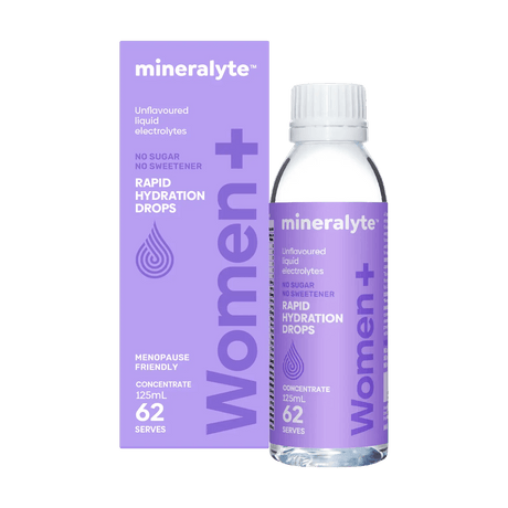 Mineralyte Women+ unflavoured liquid electrolyte drops, 125 mL bottle and box