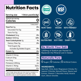 Nutrition facts and certifications for Mixed Berry Electrolyte Drink Mix - 30 Sticks by Venture Pal, showing ingredients and benefits.