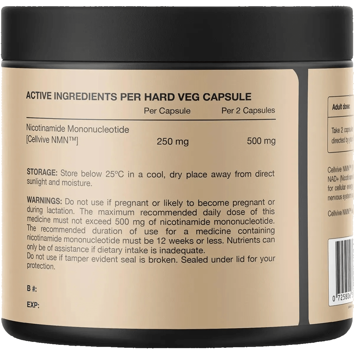 NMN - Nicotinamide Mononucleotide - 60 Caps supplement label showing active ingredients and storage instructions by Switch Nutrition