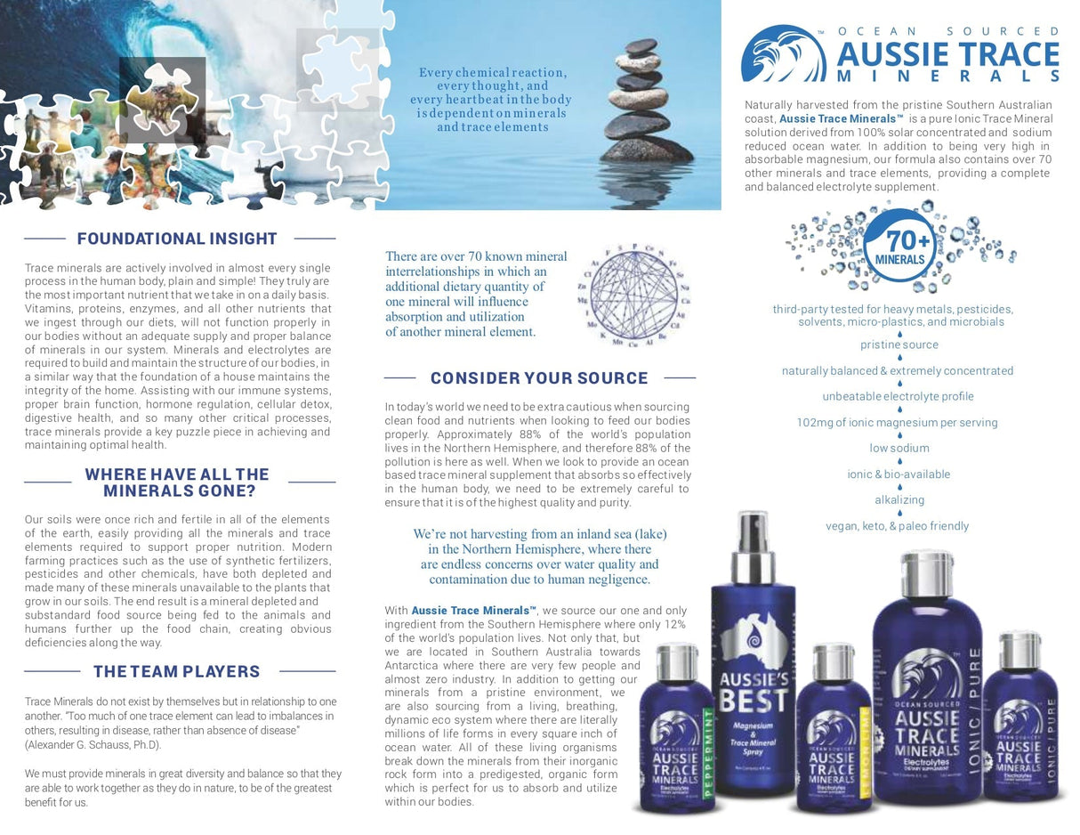 Ocean Sourced Electrolyte Drops - 60ml supplement facts and product details with mineral content and Aussie Trace Minerals logo.