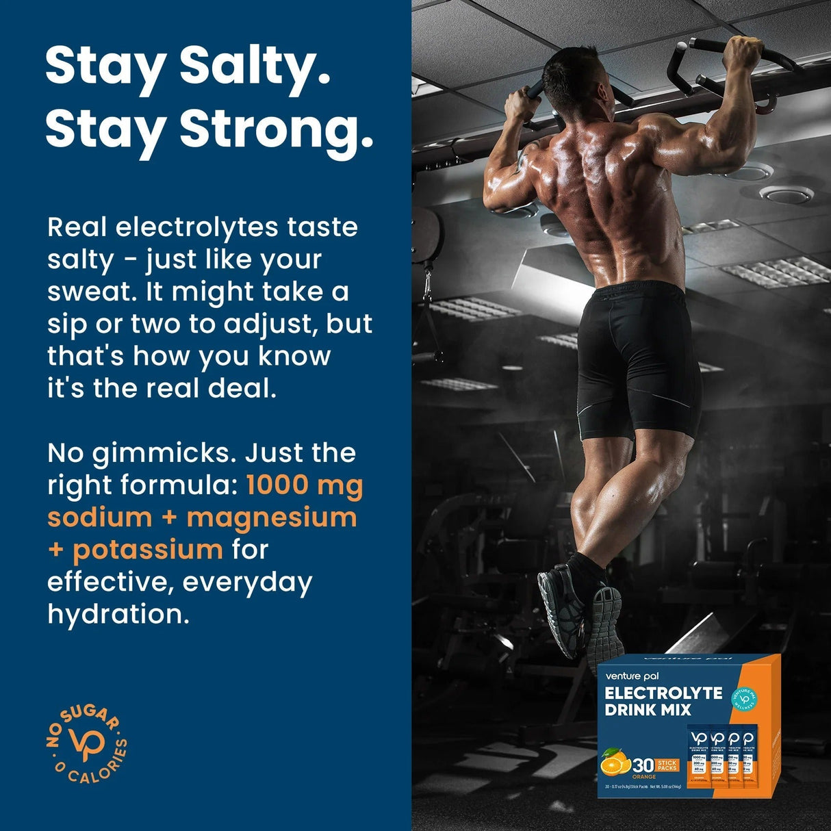 Orange Electrolyte Drink Mix - 30 Sticks by Venture Pal shown with muscular man doing pull-ups for hydration support.