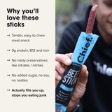 Person holding an Organic Beef Stick - Sea Salt - 25g from Chief with details about its protein and no preservatives.