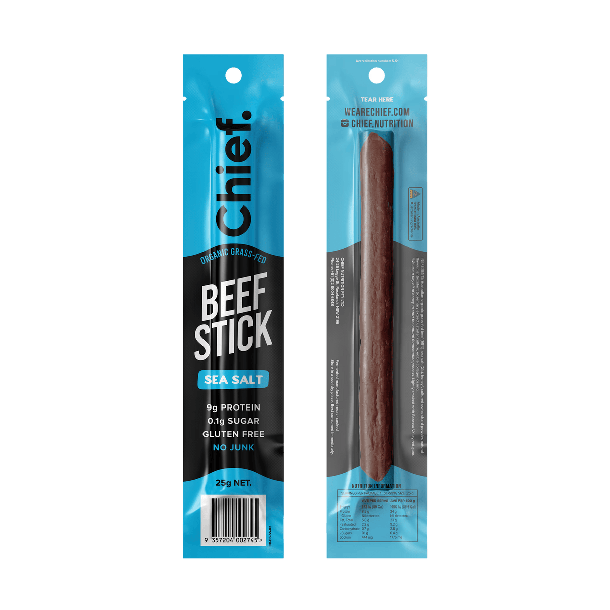 Chief Organic Beef Stick - Sea Salt - 25g pack, gluten free, high protein keto jerky snack from Australian family business.