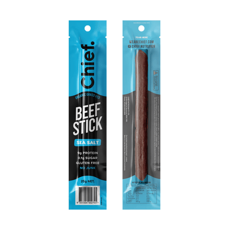 Chief Organic Beef Stick - Sea Salt - 25g pack, gluten free, high protein keto jerky snack from Australian family business.