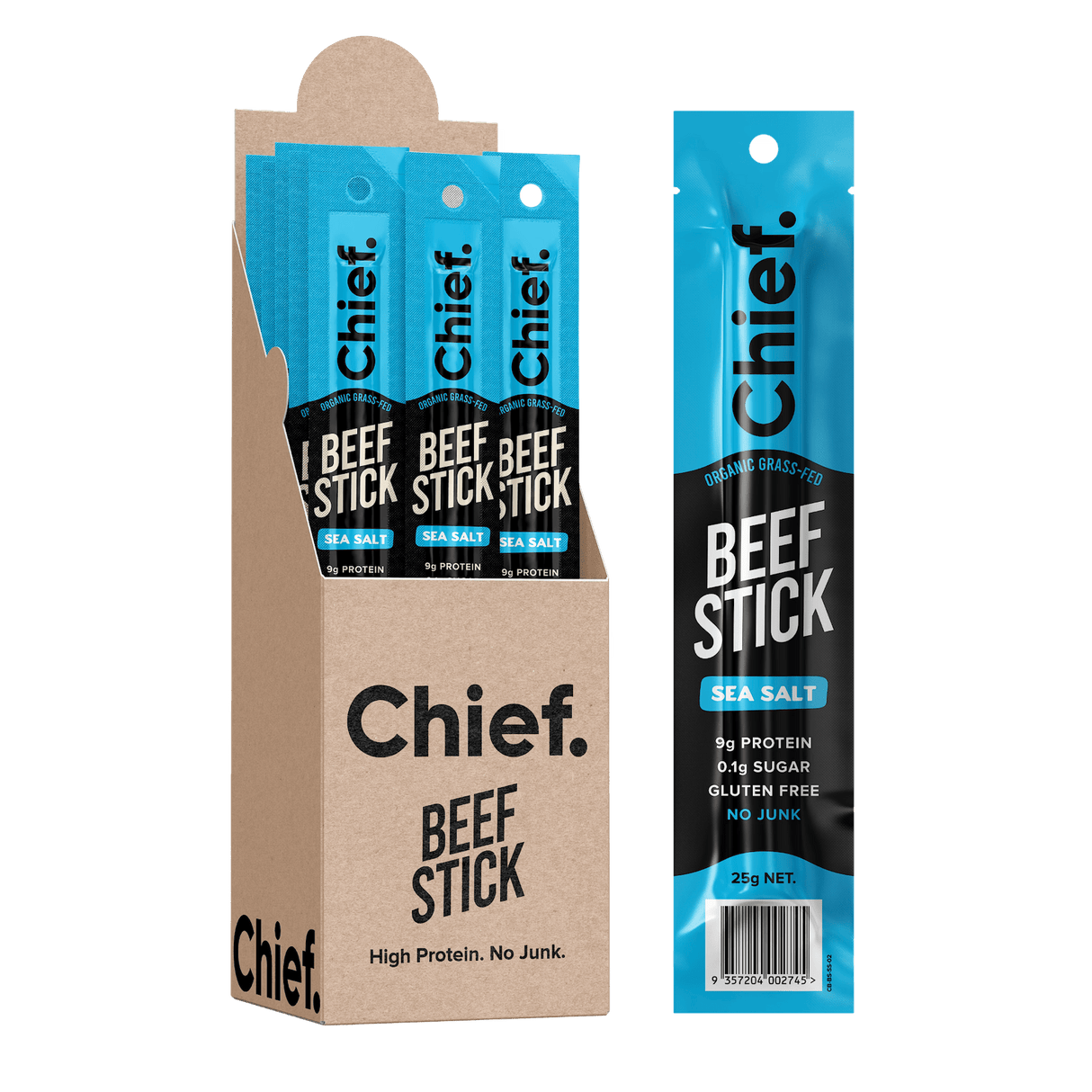 Organic Beef Stick - Sea Salt - Box of 12 by Chief, high protein keto jerky from Aussie grass-fed beef, low carb snack.