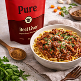 Bowl of pasta with sauce featuring Organic Pure Freeze Dried Beef Liver Powder - 100g by Prime Seasoning, Yo Keto brand