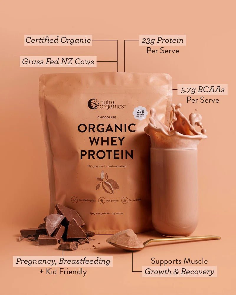 Organic Whey Protein - Chocolate - 750g by Nutra Organics with chocolate pieces, scoop, and protein shake splash