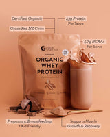 Organic Whey Protein - Chocolate - 750g by Nutra Organics with chocolate pieces, scoop, and protein shake splash