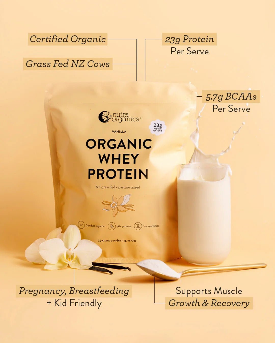 Organic Whey Protein - Vanilla - 750g by Nutra Organics with grass-fed NZ cows, 23g protein, and BCAAs for muscle recovery