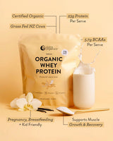 Organic Whey Protein - Vanilla - 750g by Nutra Organics with grass-fed NZ cows, 23g protein, and BCAAs for muscle recovery