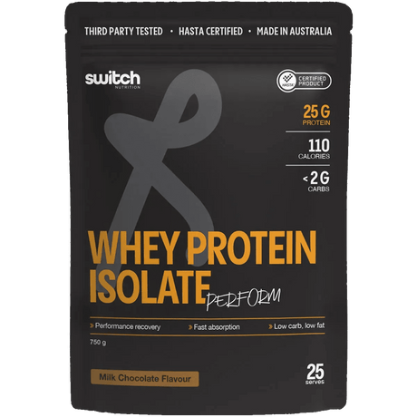 Perform Whey Protein Isolate - Chocolate 750g by Switch Nutrition, low carb whey protein with 25g protein per serve