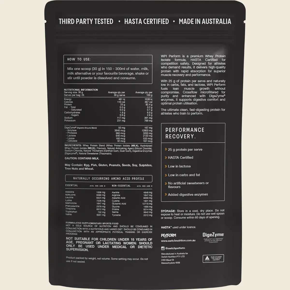 Back view of a Switch Nutrition Perform Whey Protein Isolate - Vanilla 750g pack displaying nutrition facts, ingredients, amino acid profile, usage directions, certifications, and benefits for performance and recovery.