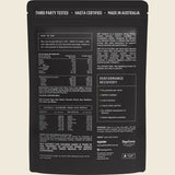 Back view of a Switch Nutrition Perform Whey Protein Isolate - Vanilla 750g pack displaying nutrition facts, ingredients, amino acid profile, usage directions, certifications, and benefits for performance and recovery.