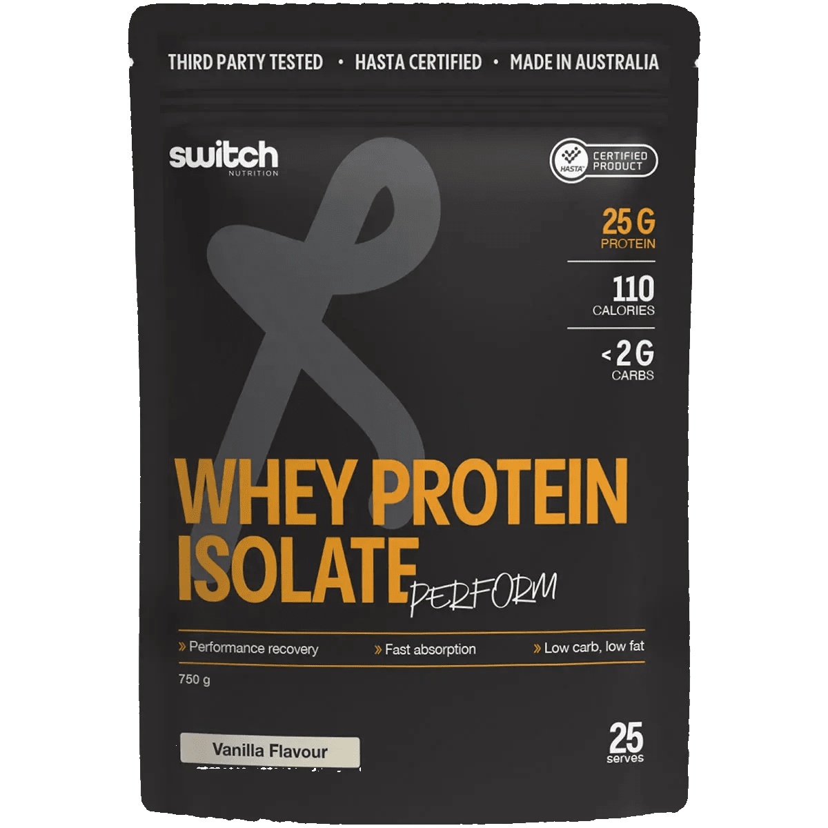 Perform Whey Protein Isolate - Vanilla 750g by Switch Nutrition, keto-friendly, low carb, 25g protein per serve, 750g pouch