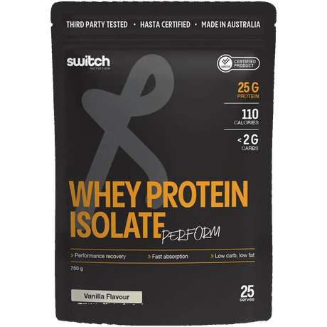 Perform Whey Protein Isolate - Vanilla 750g by Switch Nutrition, keto-friendly, low carb, 25g protein per serve, 750g pouch