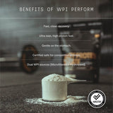 A scoop of Switch Nutrition Perform Whey Protein Isolate - Vanilla 750g on a gym floor, blurred weights behind. Text highlights fast recovery, high protein, gentle on stomach, athlete-safe whey isolate and hydrolysed whey; HASTA certified logo shown.