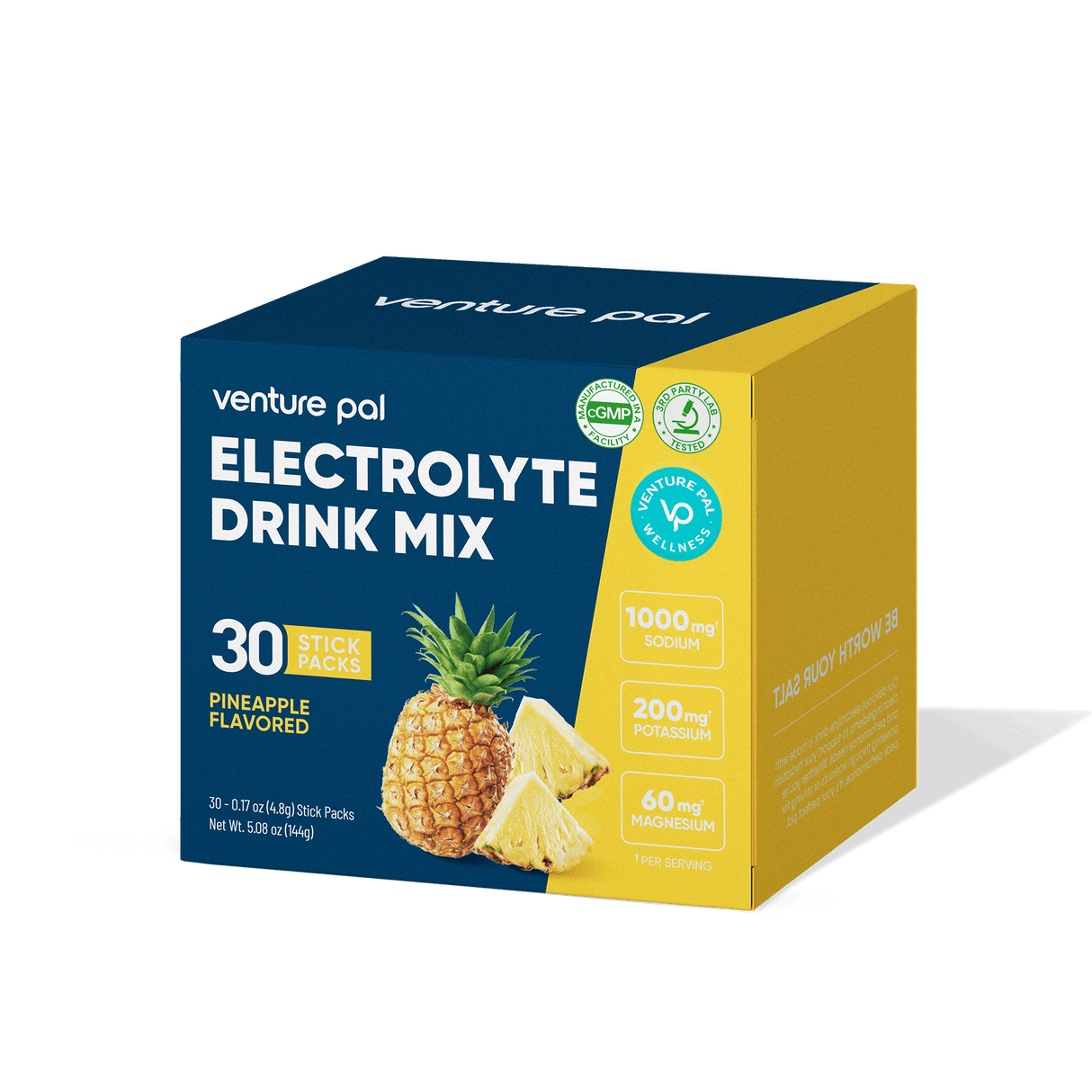 Venture Pal Pineapple Electrolyte Drink Mix - 30 Sticks box with 1000mg sodium, 200mg potassium, and 60mg magnesium.