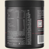 Nutrition facts and ingredients label on black container of Power Perform Pre-Workout Blend Raspberry Lemonade - 30 Serves by Switch Nutrition