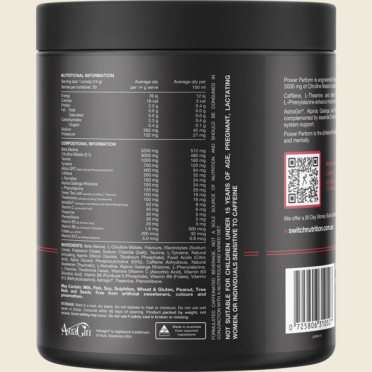 Back of Switch Nutrition Power Perform Pre-Workout Blend - Strawberry Kiwi - 30 Serves with nutrition facts and ingredients list visible