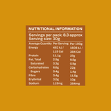 Nutritional information of Protein Cereal - Caramel Flavour - 250g by Low Carb Emporium showing energy, protein, fat, carbs, sugars, fiber, erythritol, and sodium.