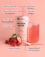 Protein Water - Berry Bliss - 450g by Nutra Organics with natural electrolytes, grass fed collagen, and low sugar on pink background