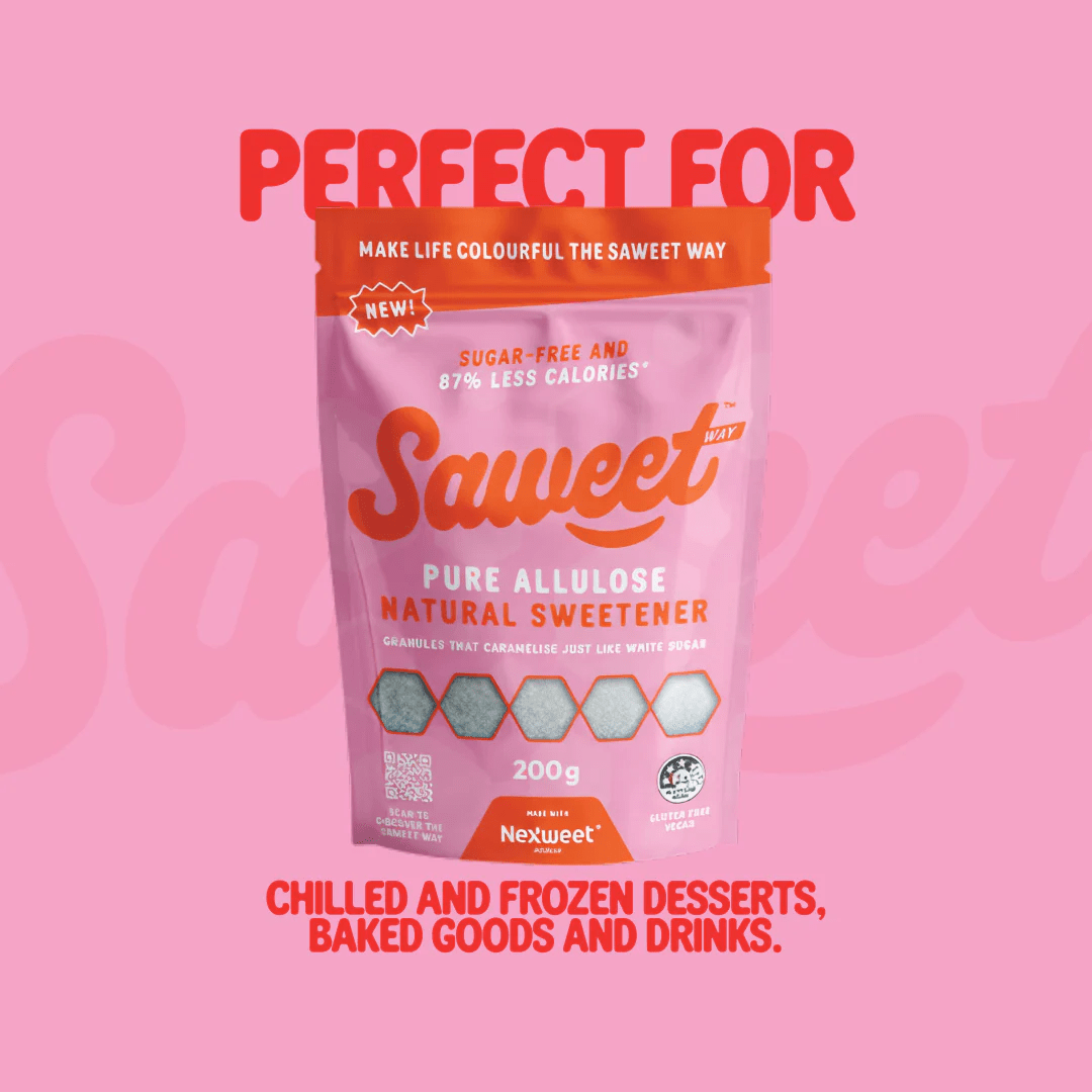 Pure Allulose Natural Sweetener Granules - 500g by Saweet Way in vibrant pink packaging with usage suggestions.