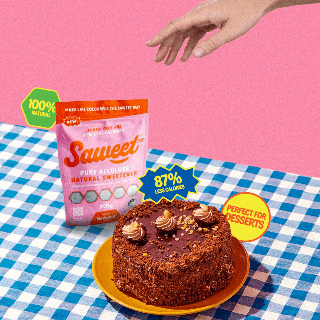 Pure Allulose Natural Sweetener Granules - 500g by Saweet Way next to chocolate cake on blue check tablecloth