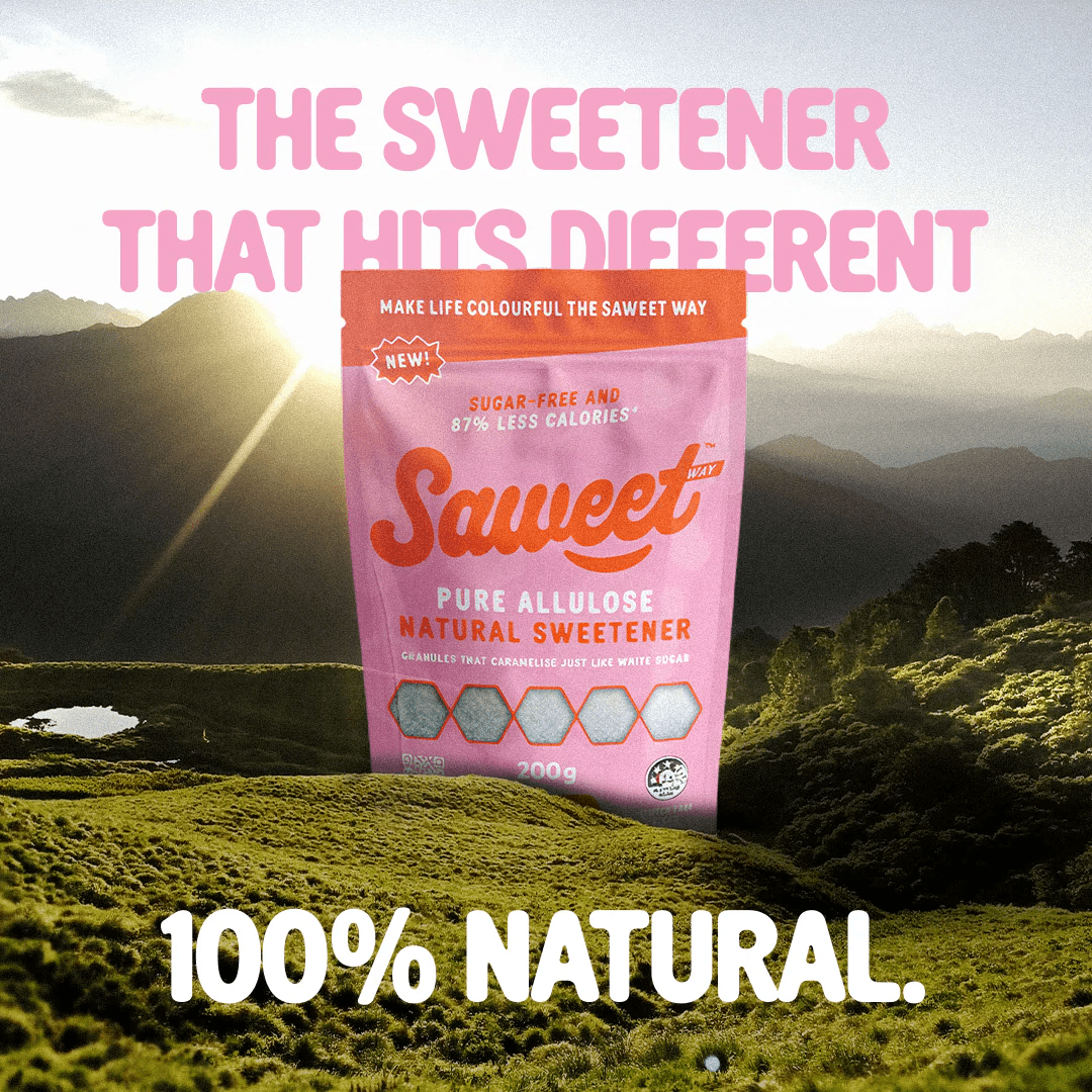 Pure Allulose Natural Sweetener Granules - 500g by Saweet Way with pink packaging against a scenic mountain backdrop