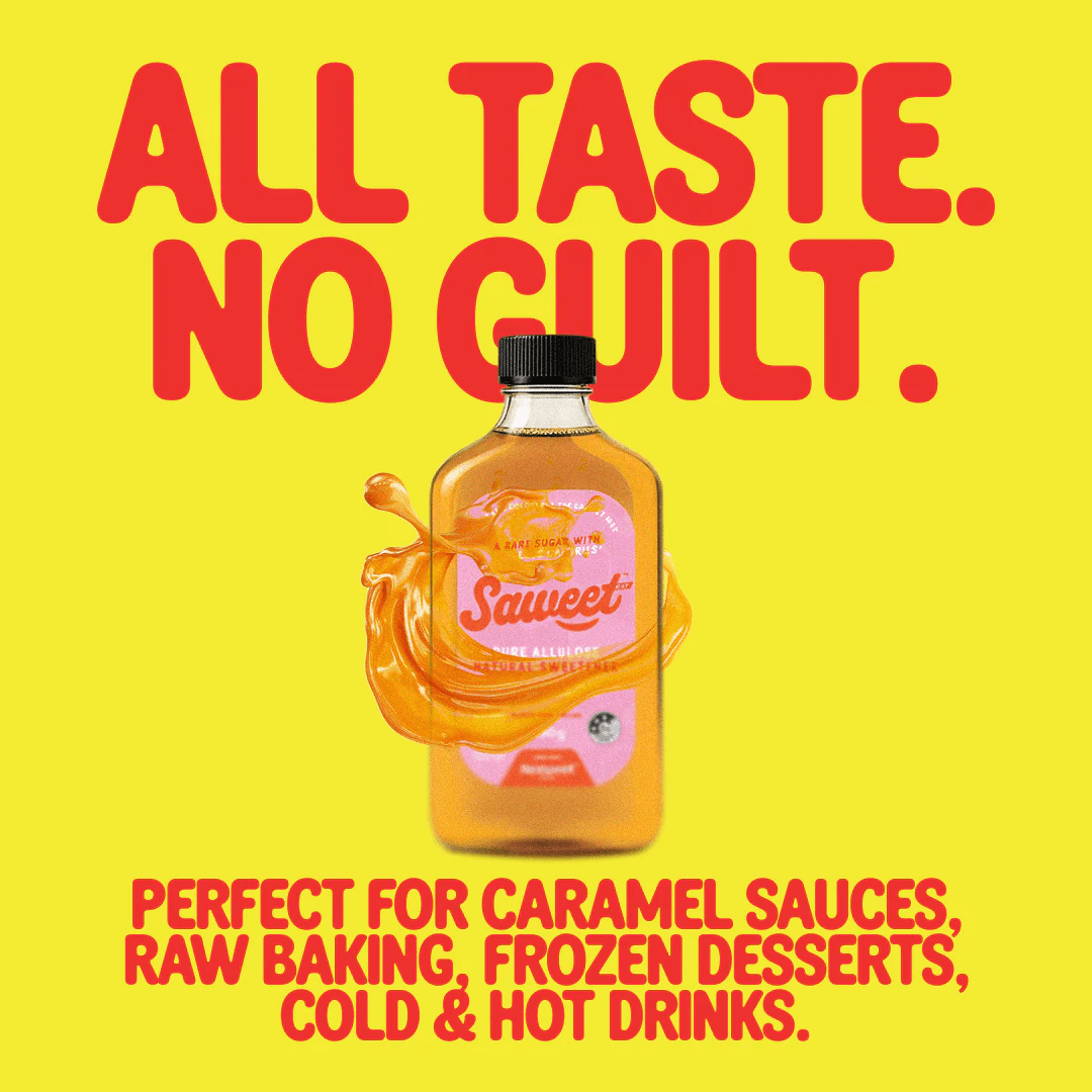 Pure Allulose Natural Sweetener Syrup - 430g by Saweet Way with splash effect on bright yellow background
