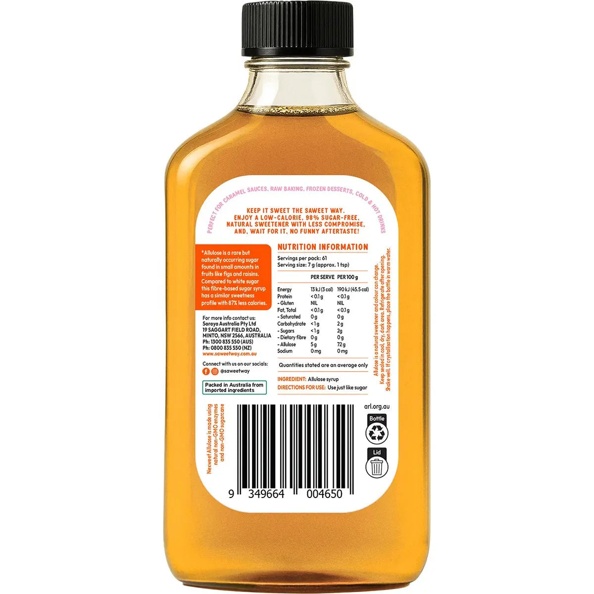 Back label of Pure Allulose Natural Sweetener Syrup - 430g by Saweet Way showing nutrition facts, ingredients, and usage instructions.