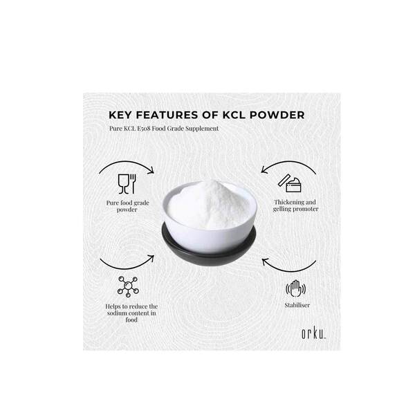 Pure Potassium Chloride Powder - 100g white food grade supplement with thickening and stabilizing benefits by Orku.