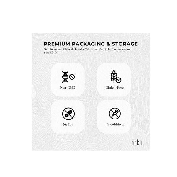 Premium packaging for Pure Potassium Chloride Powder - 400g by Orku highlighting non-GMO, gluten-free, soy-free, and no additives.