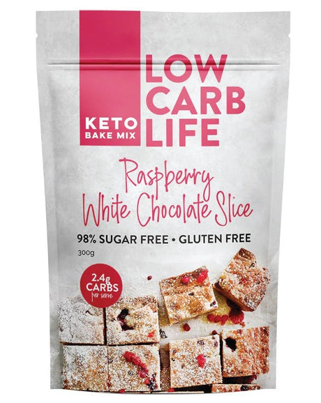 Low Carb Life Raspberry White Chocolate Slice - 300g keto bake mix, sugar free, gluten free, low carb dessert option.