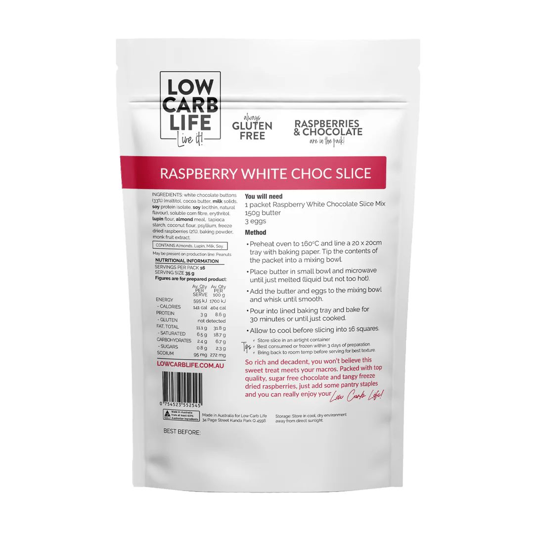 Back of Low Carb Life Raspberry White Chocolate Slice - 300g packaging showing ingredients and baking instructions.